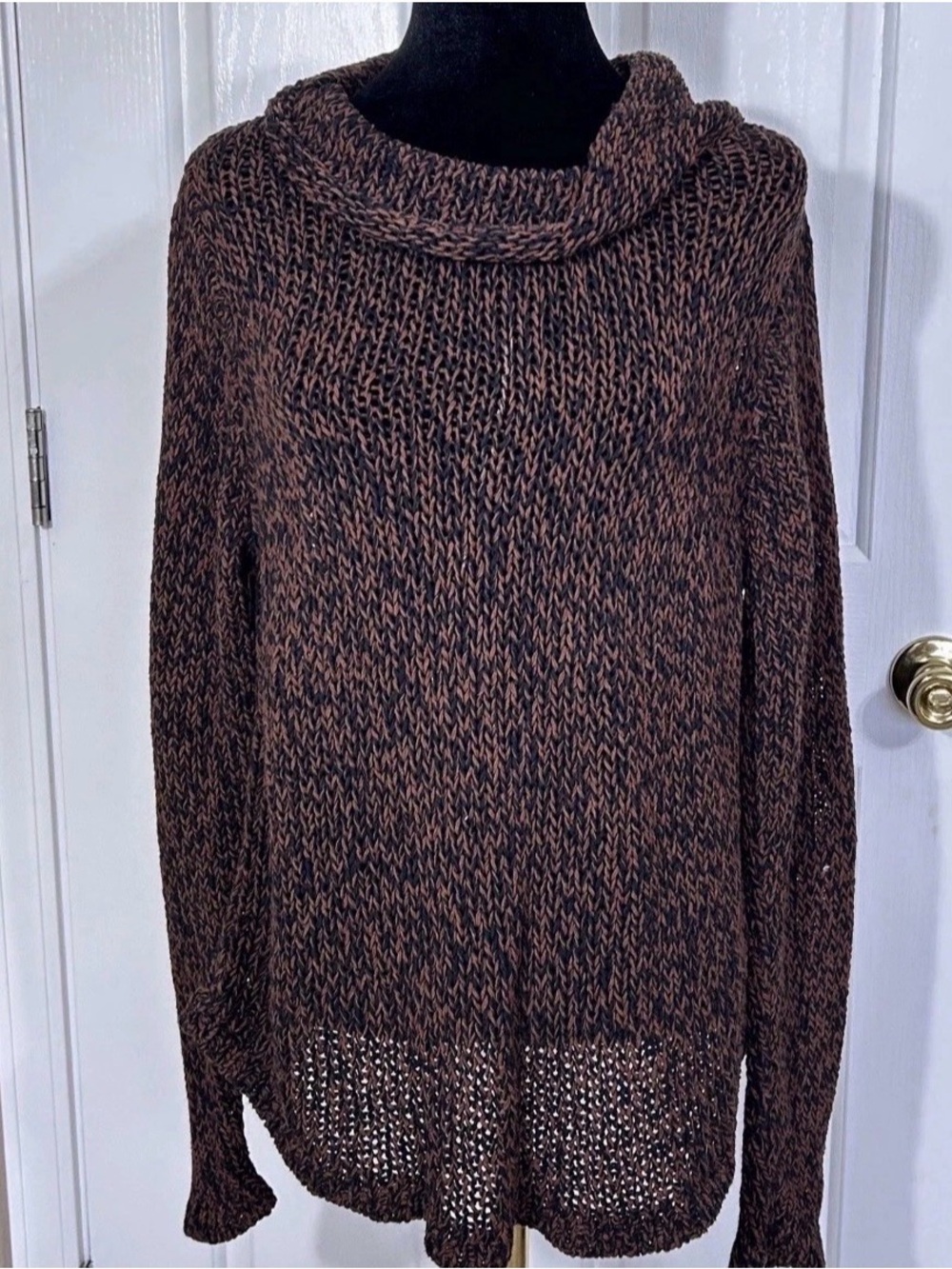 Eileen Fisher Cowl Neck Sweater S/P Cotton Linen Brown/Black Open Knit Pullover